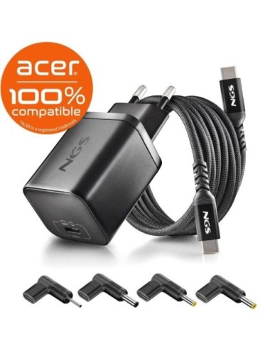 Cargador de Portátil GaN NGS BUD65W-AC para Acer/ 1xUSB Tipo-C/ 65W/ Automático/ 4 Conectores/ Voltaje 5-20V