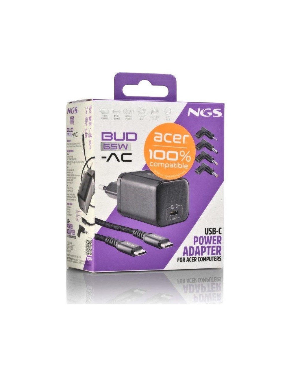 Cargador de Portátil GaN NGS BUD65W-AC para Acer/ 1xUSB Tipo-C/ 65W/ Automático/ 4 Conectores/ Voltaje 5-20V