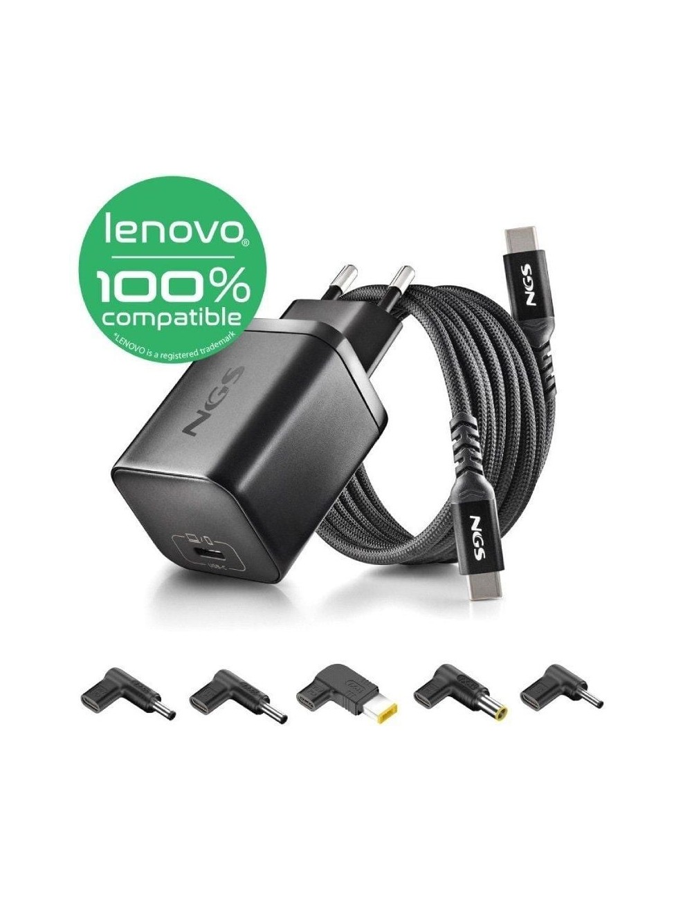 Cargador de Portátil GaN NGS BUD65W-L para Lenovo/ 1xUSB Tipo-C/ 65W/ Automático/ 5 Conectores/ Voltaje 5-20V