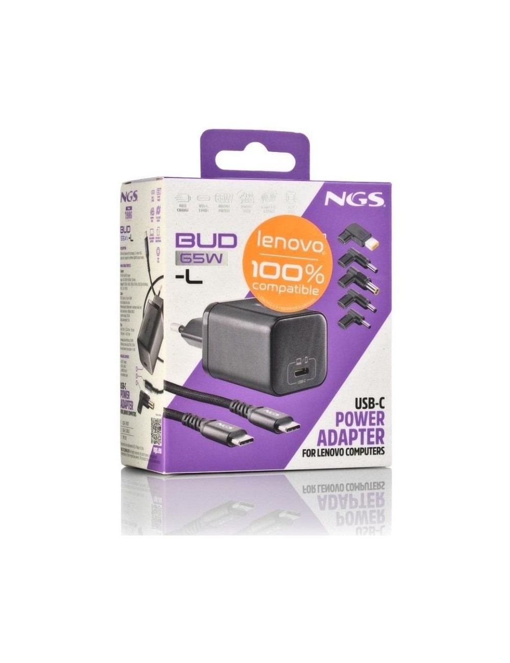 Cargador de Portátil GaN NGS BUD65W-L para Lenovo/ 1xUSB Tipo-C/ 65W/ Automático/ 5 Conectores/ Voltaje 5-20V