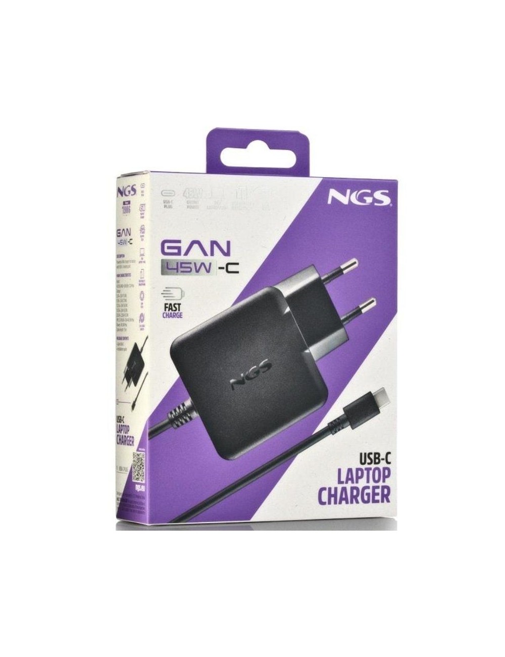 Cargador de Portátil NGS GAN 45W-C USB Tipo-C/ 45W/ Automático/ Voltaje 5-20V