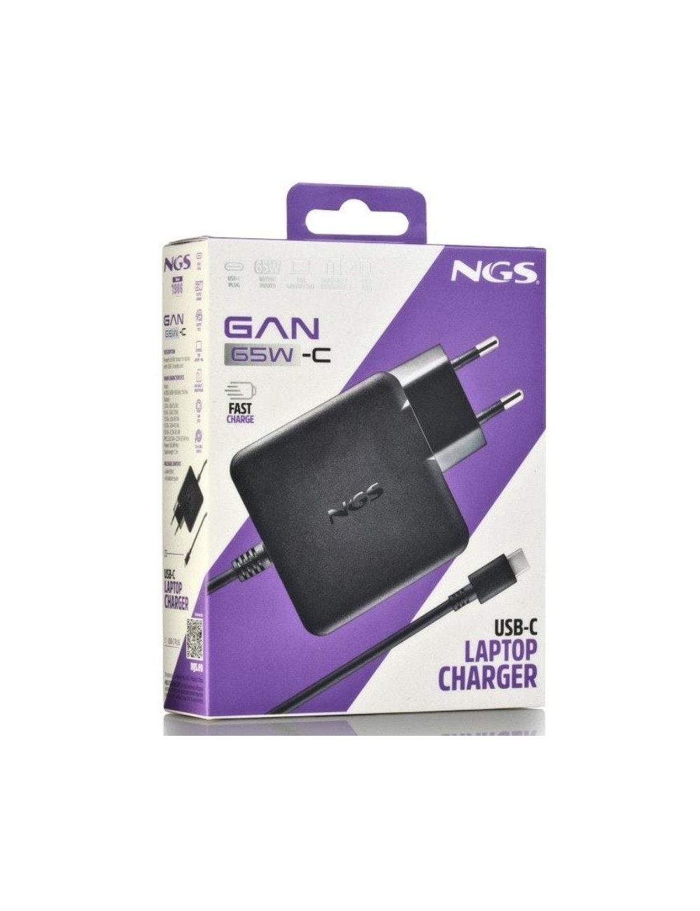 Cargador de Portátil NGS GAN 65W-C USB Tipo-C/ 65W/ Automático/ Voltaje 5-20V