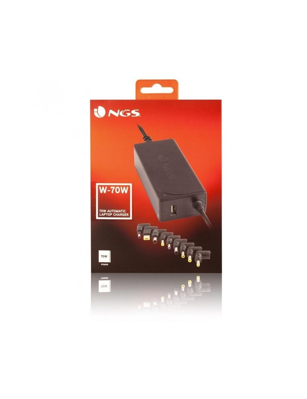 Cargador de Portátil NGS W-70W/ 1xUSB/ 70W/ Automático/ 9 Conectores/ Voltaje 18.5-20V