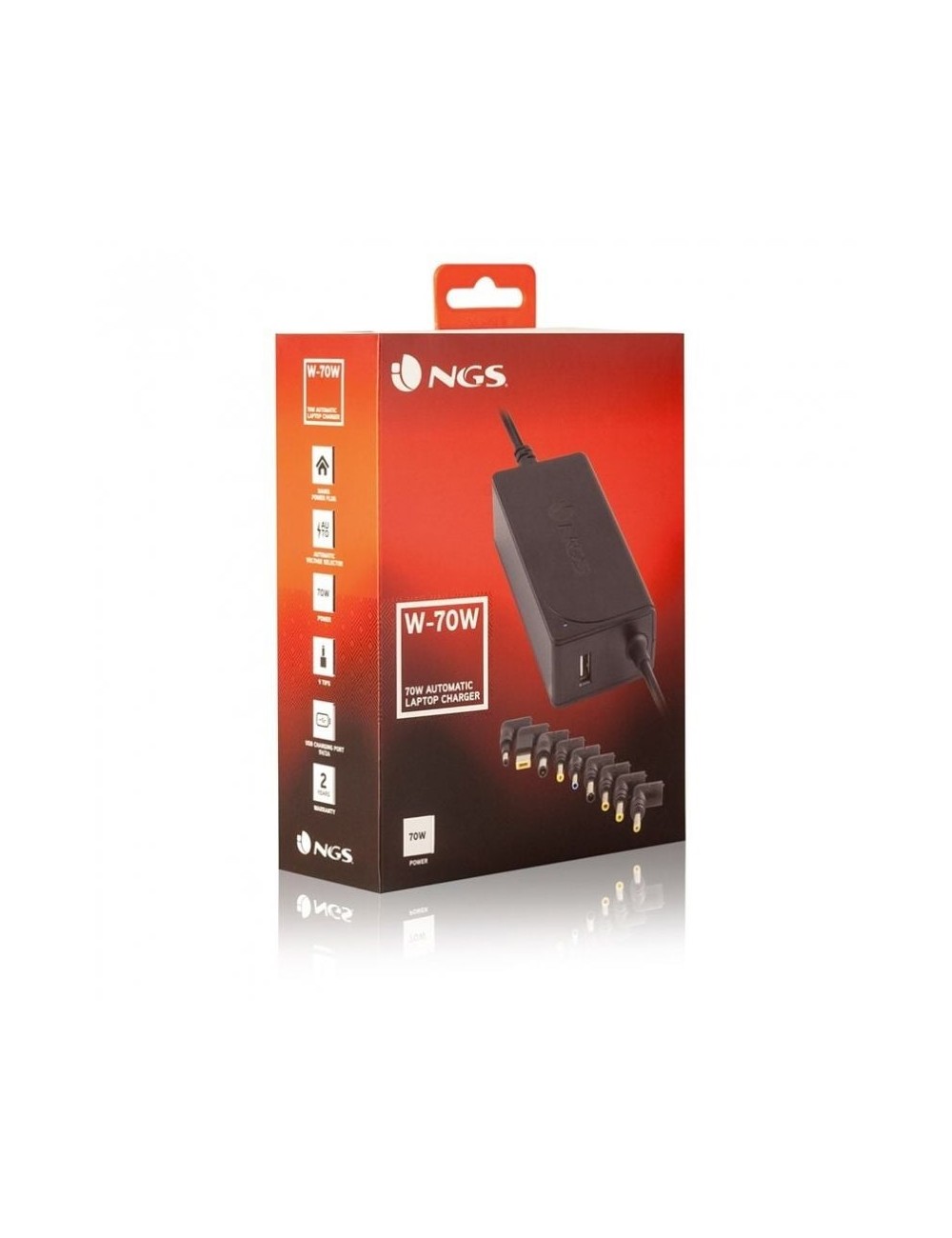 Cargador de Portátil NGS W-70W/ 1xUSB/ 70W/ Automático/ 9 Conectores/ Voltaje 18.5-20V