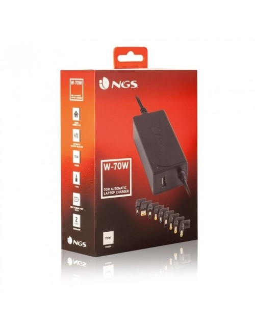 Cargador de Portátil NGS W-70W/ 1xUSB/ 70W/ Automático/ 9 Conectores/ Voltaje 18.5-20V