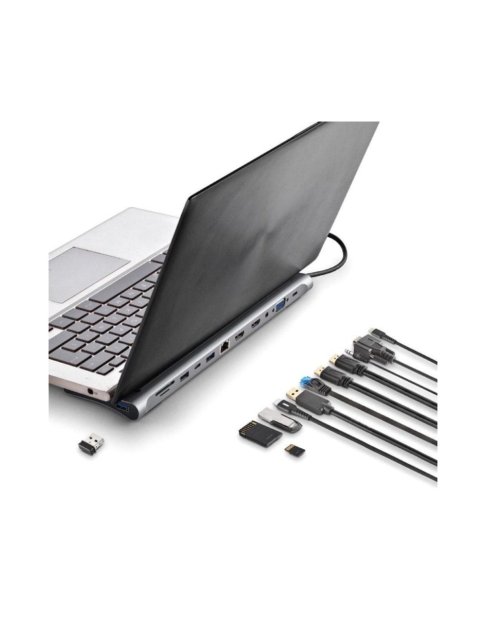 Docking USB Tipo-C NGS WonderDock12/ 3xUSB/ 2xHDMI 4K/ 1xVGA/ 1xRJ45/ 1xLector de Tarjetas/ 1xJack 3.5/ 1xUSB Tipo-C PD/ Gris