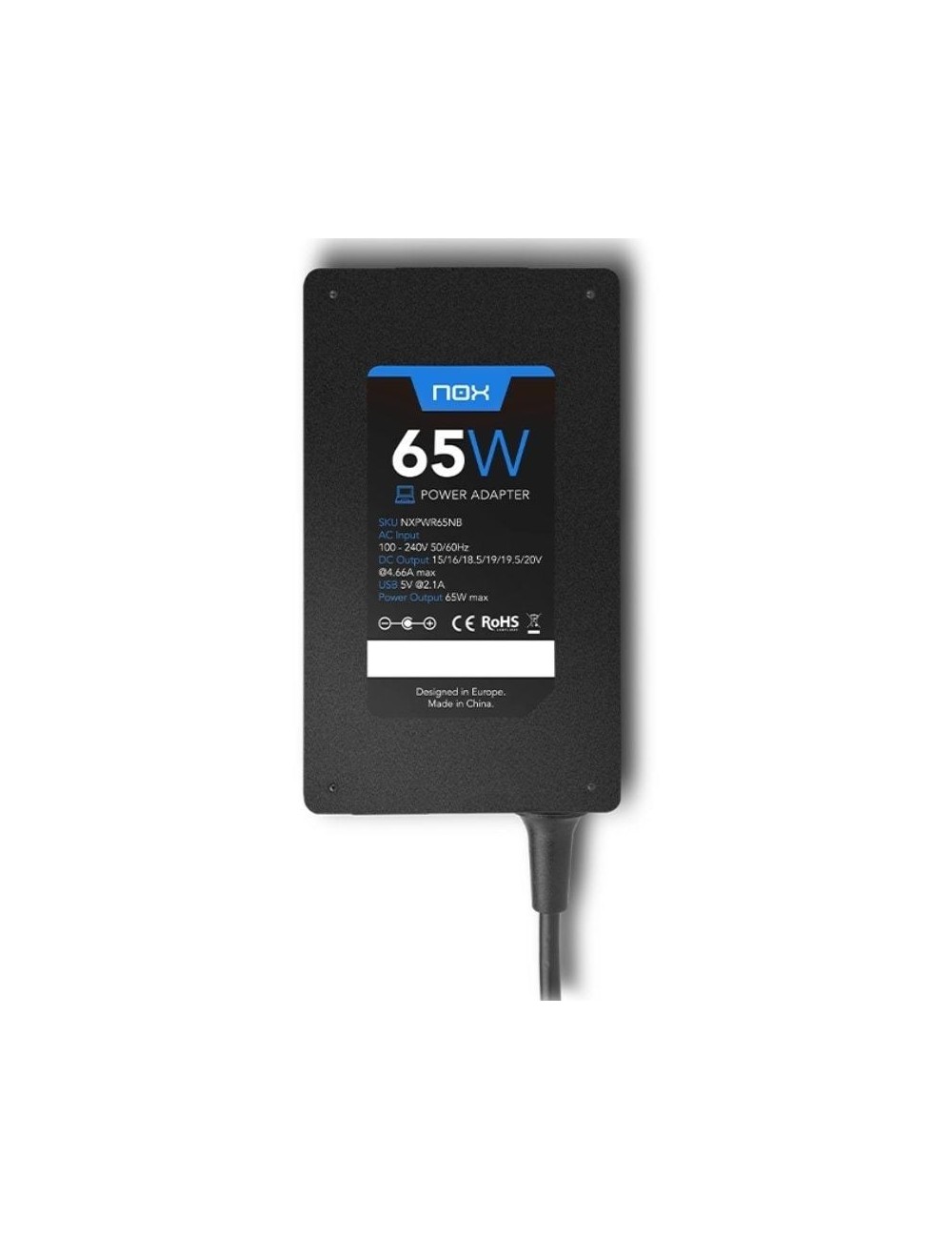Cargador de Portátil Nox 65W/ 65W/ 1xUSB/ Automático/ 10 Conectores/ Voltaje 15-20V