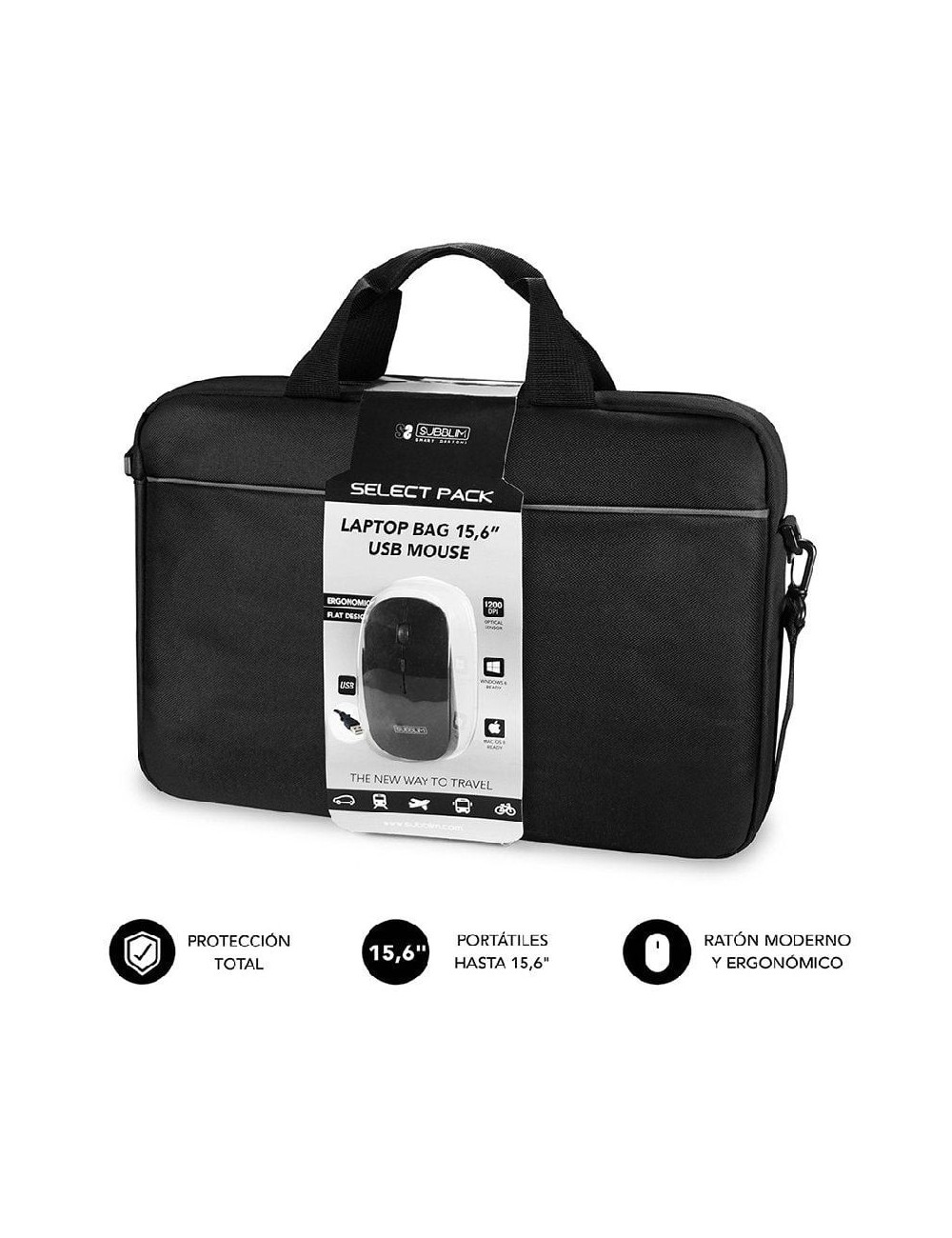 Maletín + Ratón Subblim Select Pack para Portátiles hasta 15.6'/ Cinta para Trolley/ Negro