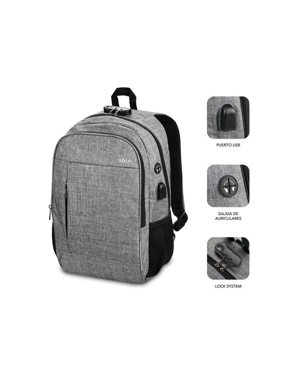 Mochila Subblim Urban Lock para Portátiles hasta 16'/ Puerto USB/ Antirrobo/ Gris