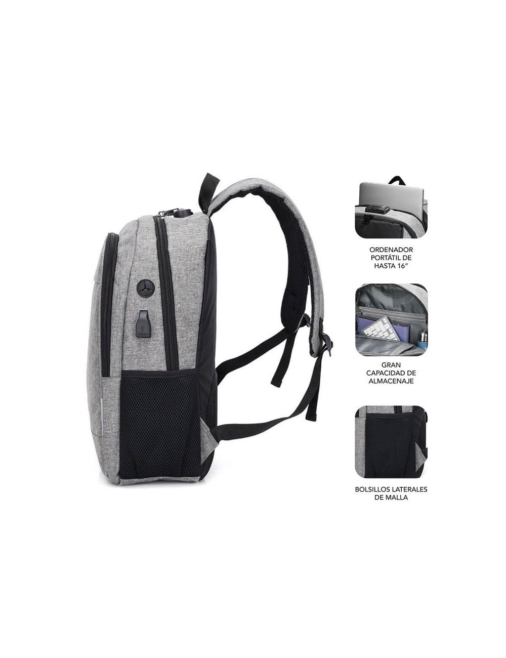 Mochila Subblim Urban Lock para Portátiles hasta 16'/ Puerto USB/ Antirrobo/ Gris
