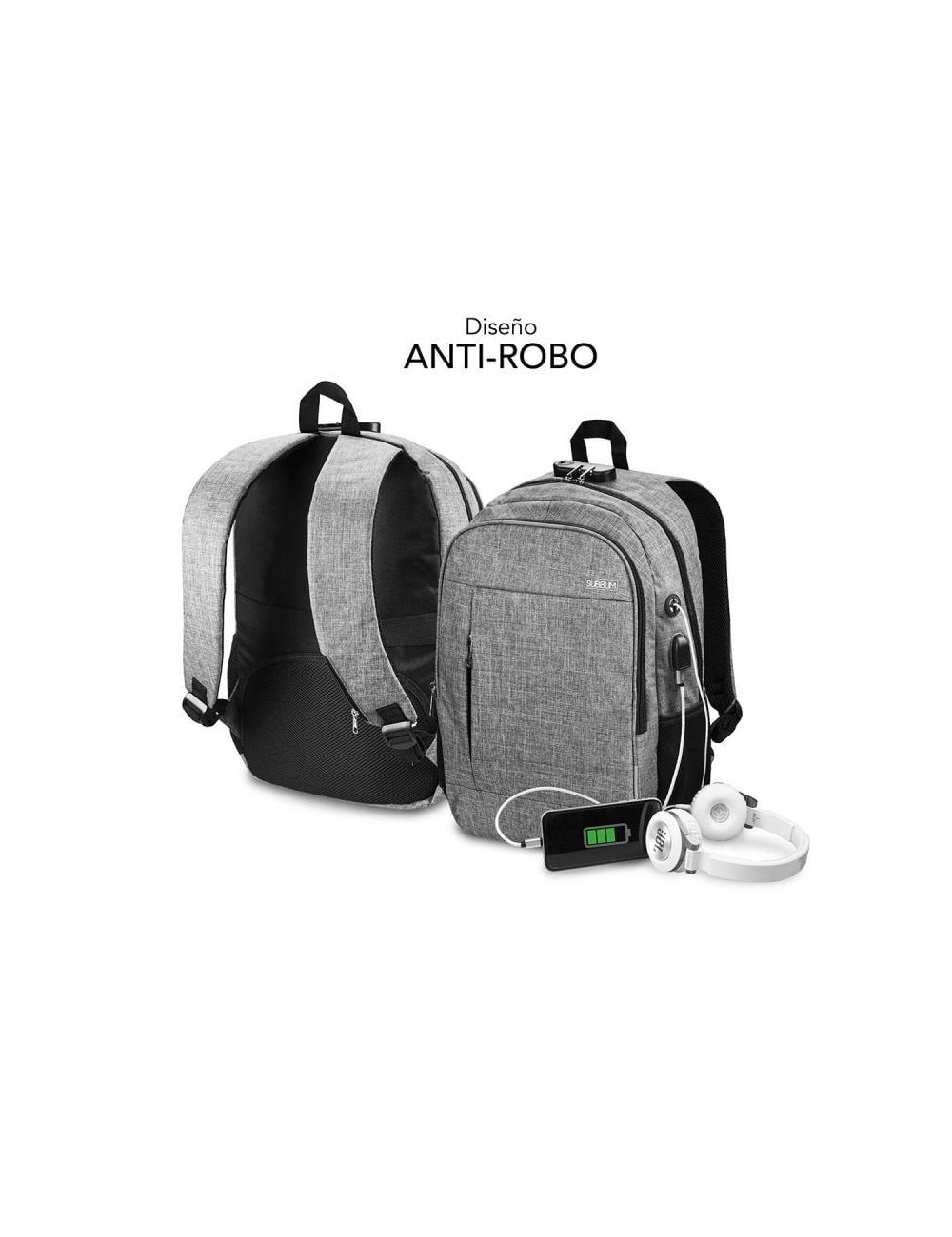 Mochila Subblim Urban Lock para Portátiles hasta 16'/ Puerto USB/ Antirrobo/ Gris
