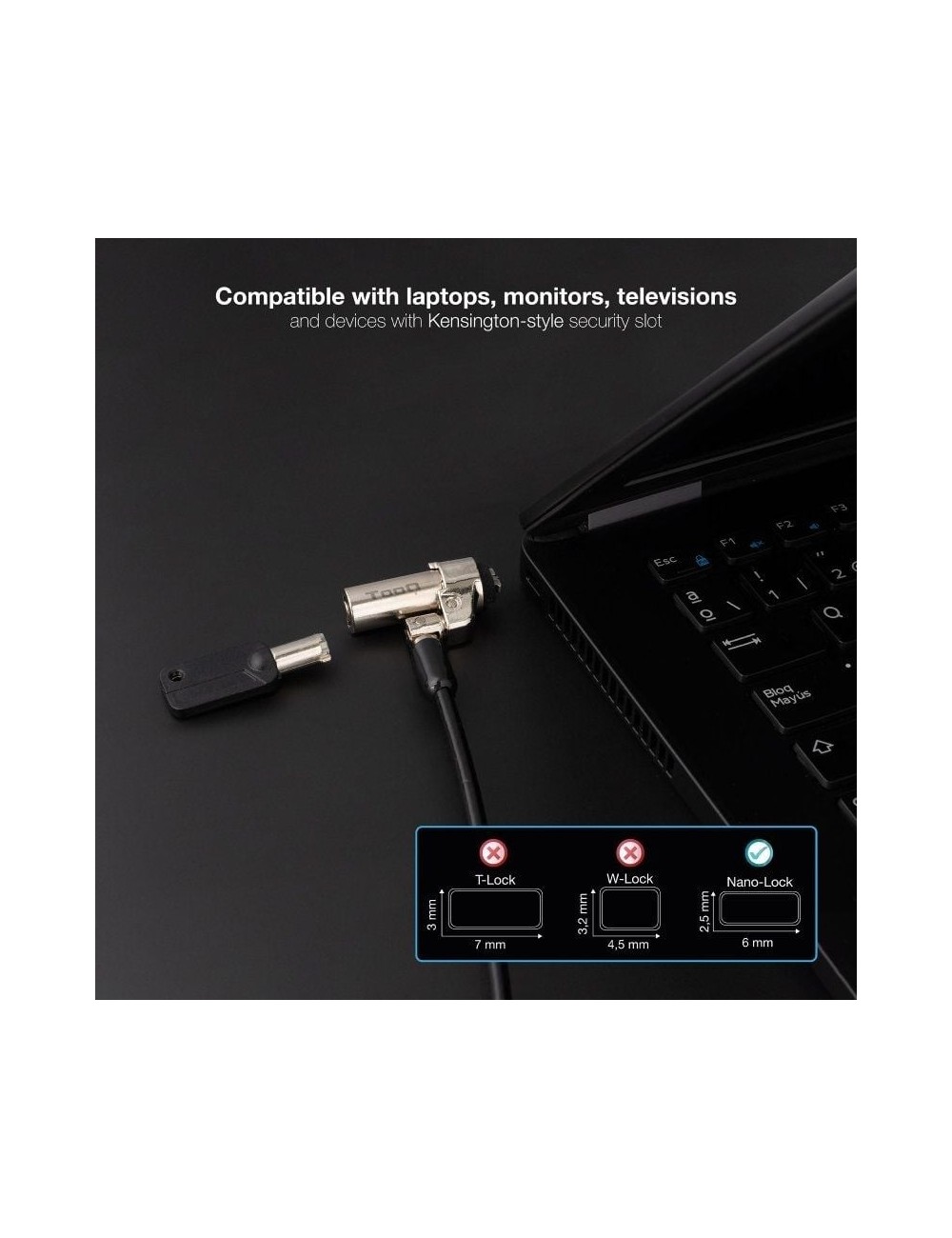 Cable de Seguridad Tipo NANO para Portátiles TooQ TQCLKC0045-G/ 1.5m