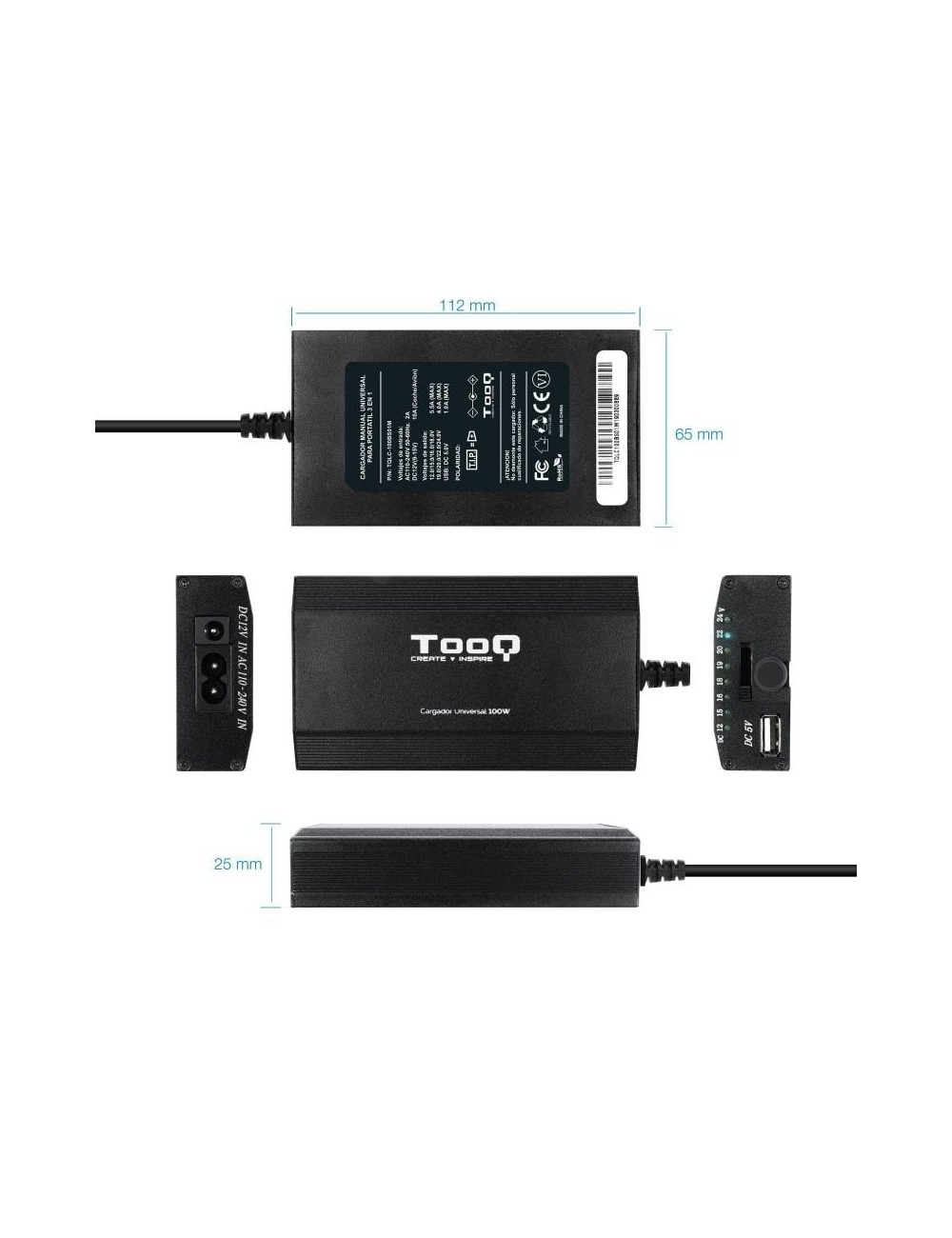Cargador de Portátil TooQ TQLC-100BS01M/ 1xUSB/ 100W/ Manual/ 12 Conectores/ Voltaje 12-24V