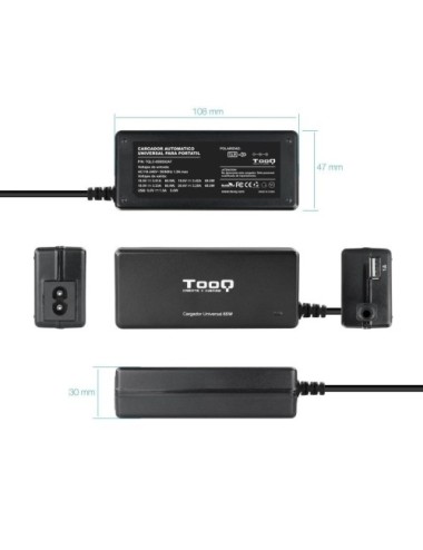 Cargador de Portátil TooQ TQLC-65BS02AT/ 65W/ 1xUSB/ Automático/ 8 Conectores/ Voltaje 18.5-20V/ 1 USB