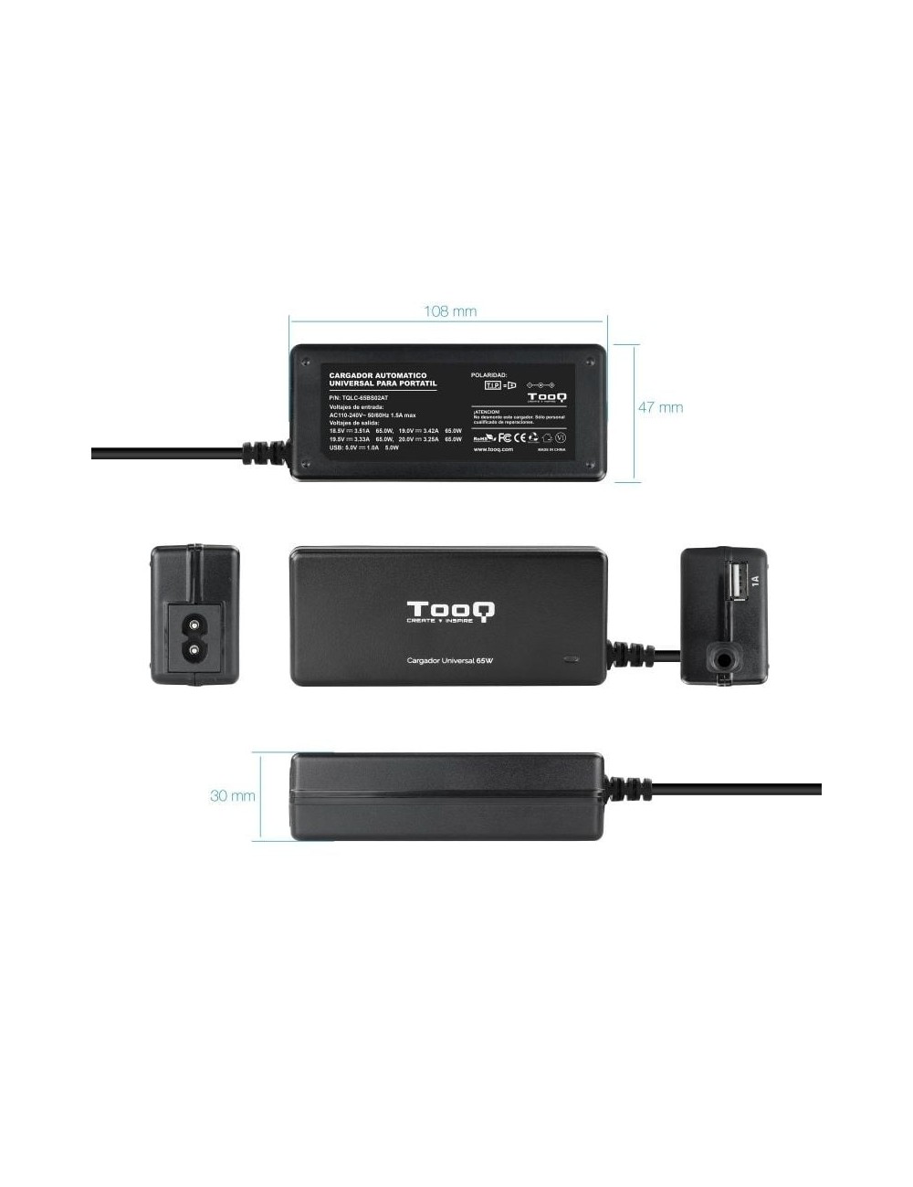 Cargador de Portátil TooQ TQLC-65BS02AT/ 65W/ 1xUSB/ Automático/ 8 Conectores/ Voltaje 18.5-20V/ 1 USB