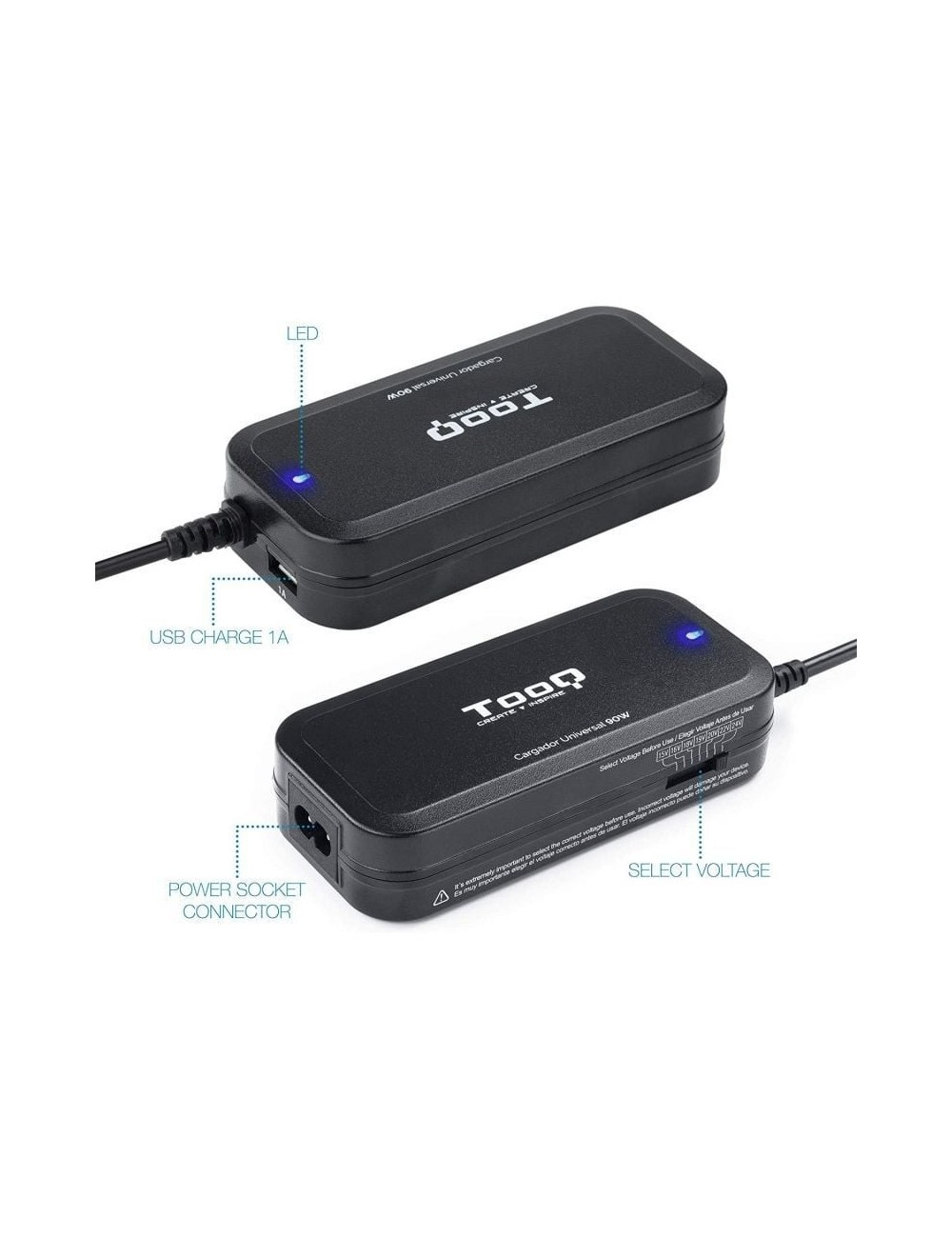 Cargador de Portátil TooQ TQLC-90BS02M/ 1xUSB/ 90W/ Manual/ 12 Conectores/ Voltaje 15-24V