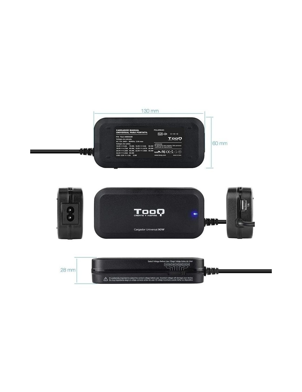 Cargador de Portátil TooQ TQLC-90BS02M/ 1xUSB/ 90W/ Manual/ 12 Conectores/ Voltaje 15-24V