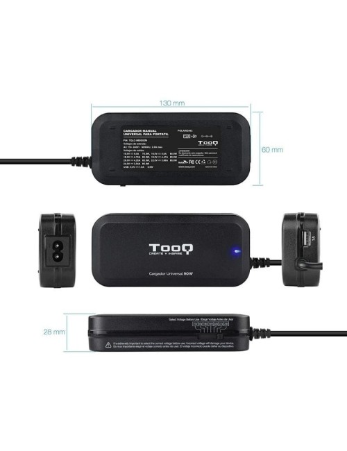 Cargador de Portátil TooQ TQLC-90BS02M/ 1xUSB/ 90W/ Manual/ 12 Conectores/ Voltaje 15-24V