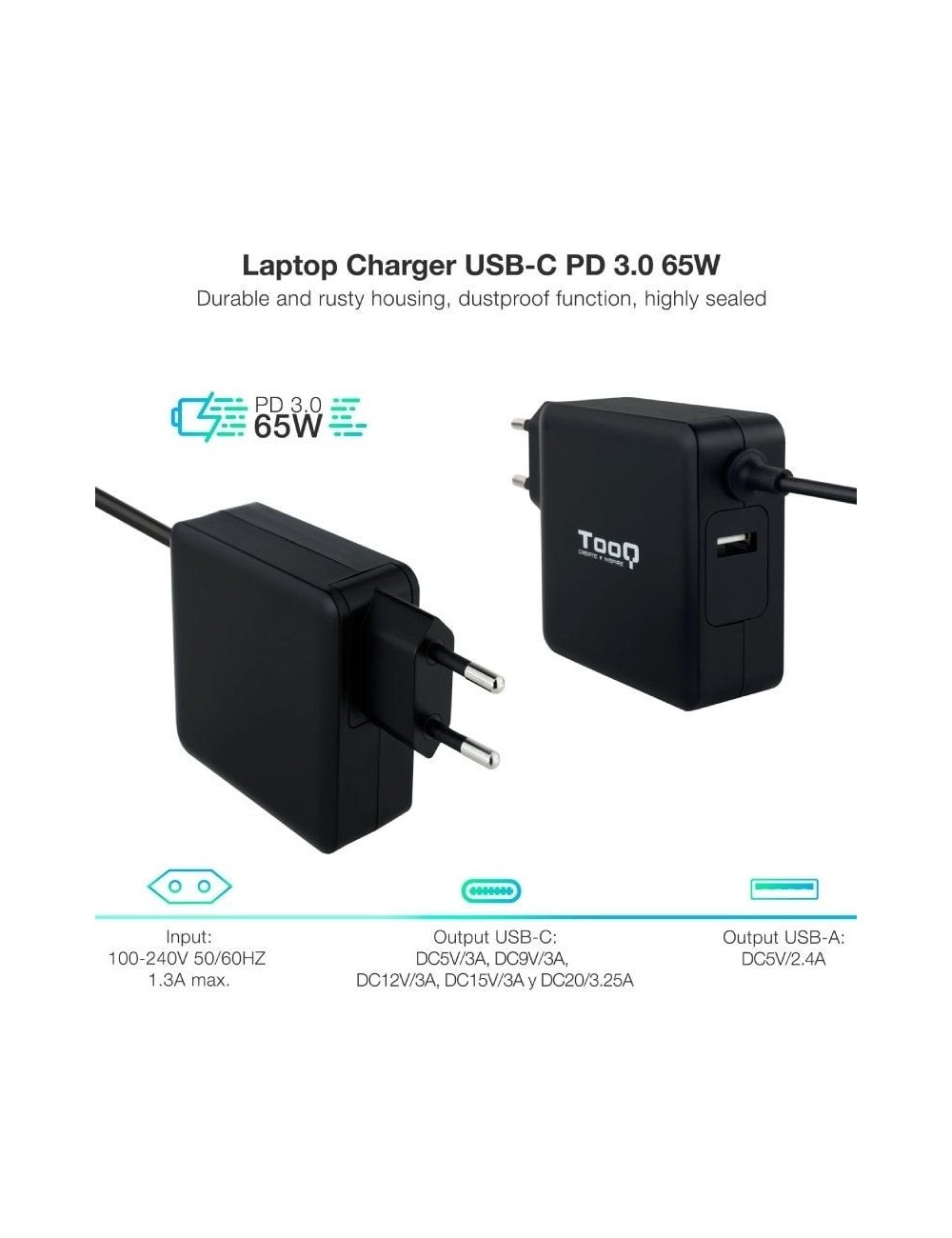 Cargador de Portátil TooQ TQLC-USBC65PD USB Tipo-C/ 1xUSB/ 65W/ Automático/ Voltaje 5-20V