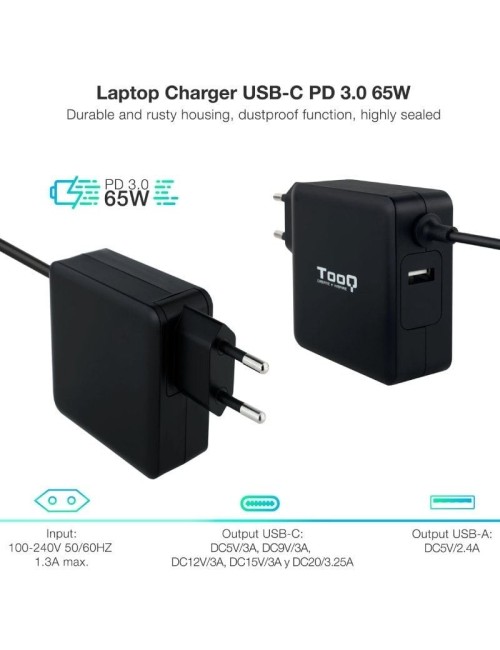 Cargador de Portátil TooQ TQLC-USBC65PD USB Tipo-C/ 1xUSB/ 65W/ Automático/ Voltaje 5-20V