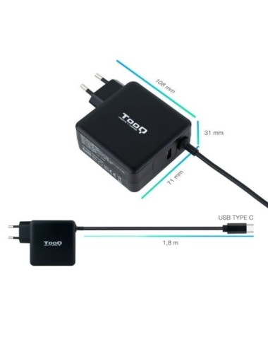 Cargador de Portátil TooQ TQLC-USBC65PD USB Tipo-C/ 1xUSB/ 65W/ Automático/ Voltaje 5-20V