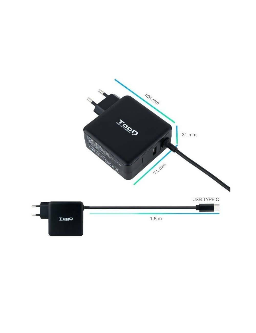 Cargador de Portátil TooQ TQLC-USBC65PD USB Tipo-C/ 1xUSB/ 65W/ Automático/ Voltaje 5-20V
