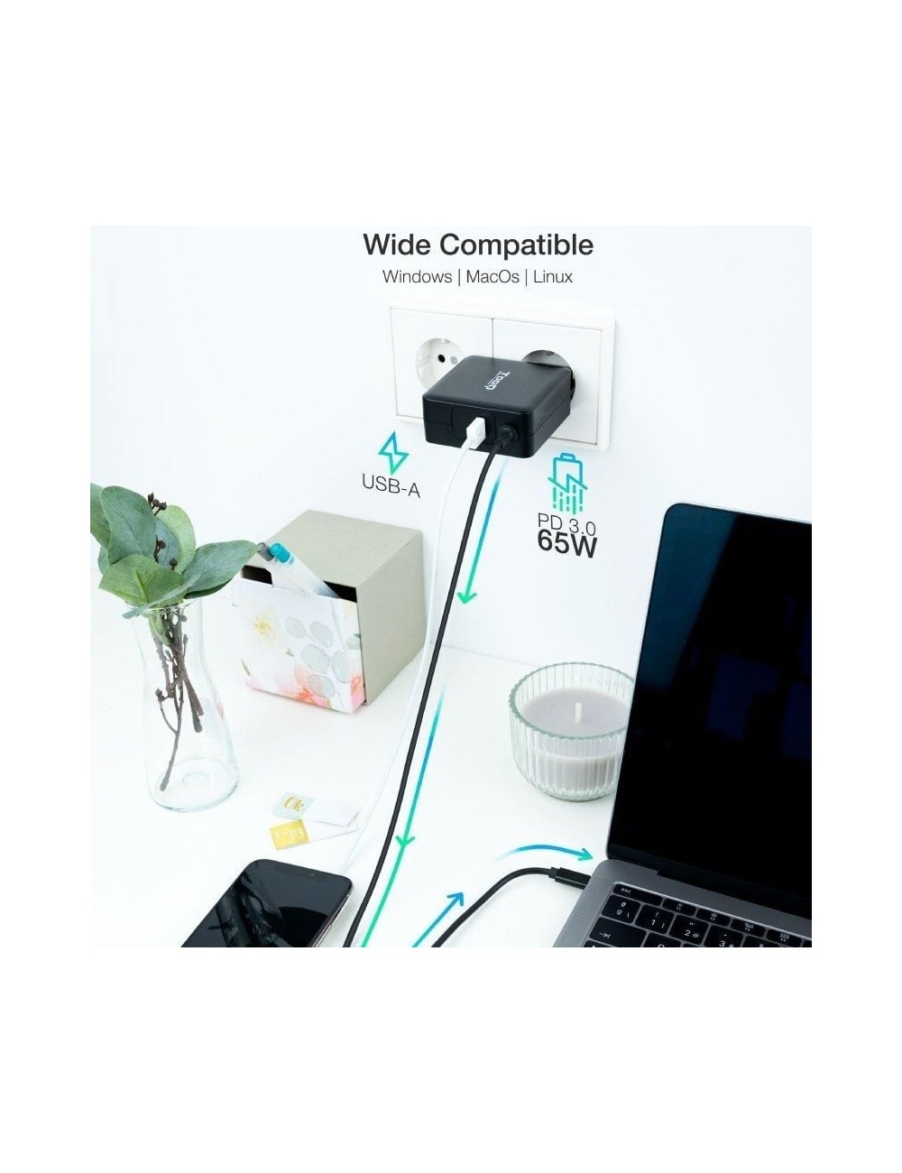 Cargador de Portátil TooQ TQLC-USBC65PD USB Tipo-C/ 1xUSB/ 65W/ Automático/ Voltaje 5-20V