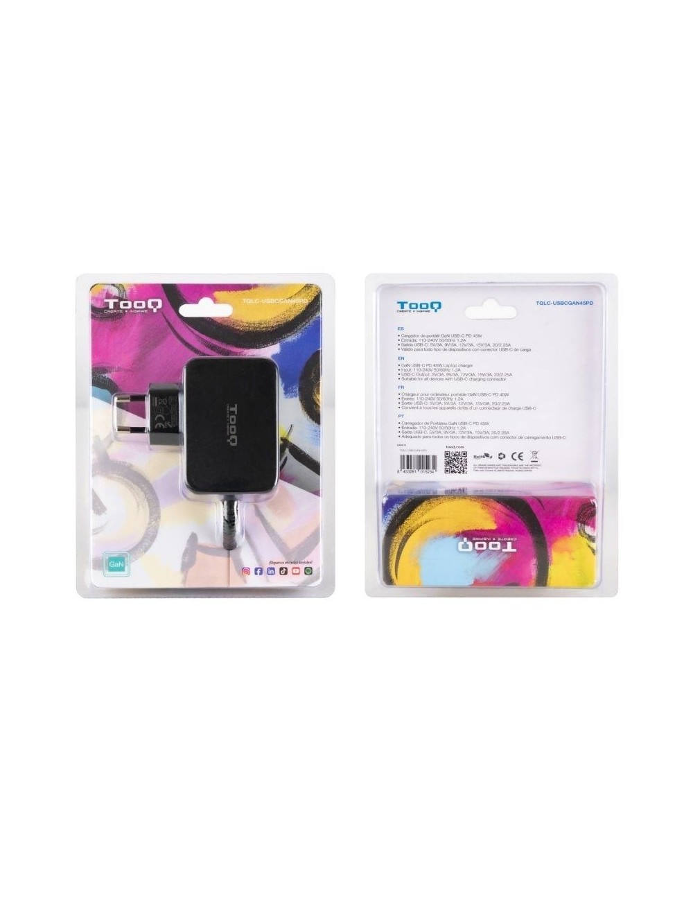 Cargador de Portátil GaN TooQ TQLC-USBCGAN45PD USB Tipo-C/ 45W/ Automático/ Voltaje 5-20V