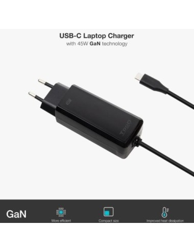Cargador de Portátil GaN TooQ TQLC-USBCGAN100PD-C USB Tipo-C/ 45W/ Automático/ Voltaje 5-20V