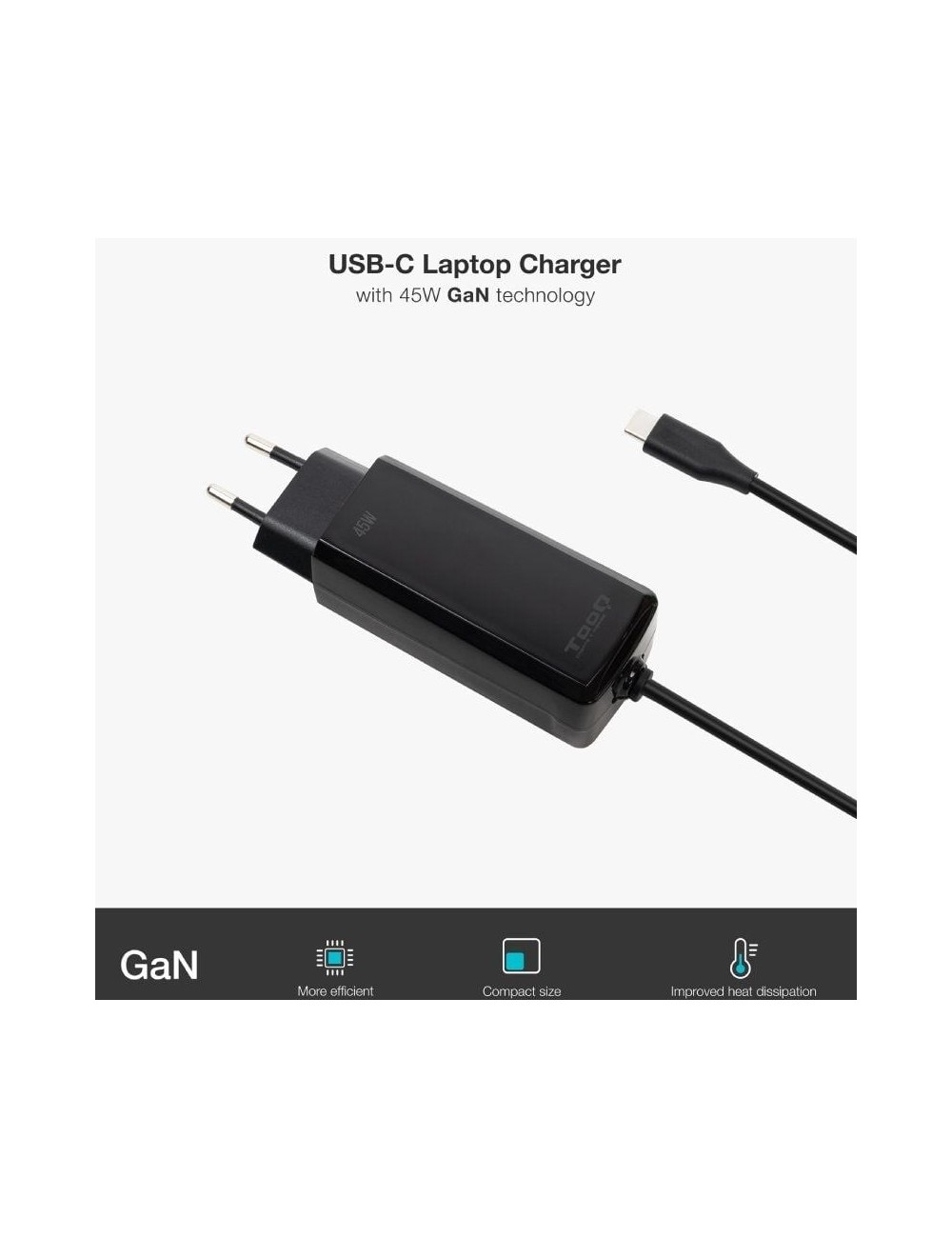 Cargador de Portátil GaN TooQ TQLC-USBCGAN100PD-C USB Tipo-C/ 45W/ Automático/ Voltaje 5-20V
