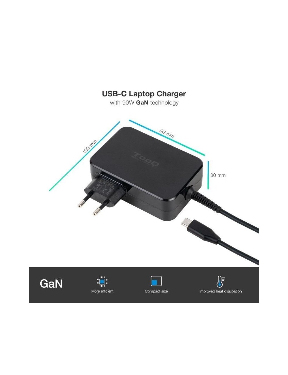 Cargador de Portátil GaN TooQ TQLC-USBCGAN90PD/ 1xUSB Tipo-C/ 90W/ Automático/ Voltaje 5-20V