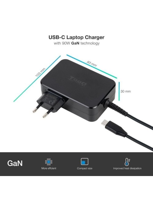 Cargador de Portátil GaN TooQ TQLC-USBCGAN90PD/ 1xUSB Tipo-C/ 90W/ Automático/ Voltaje 5-20V