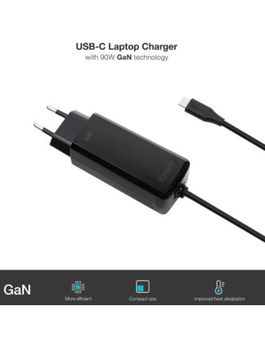 Cargador de Portátil GaN TooQ TQLC-USBCGAN90PD-C/ 1xUSB Tipo-C/ 90W/ Automático/ Voltaje 5-20V