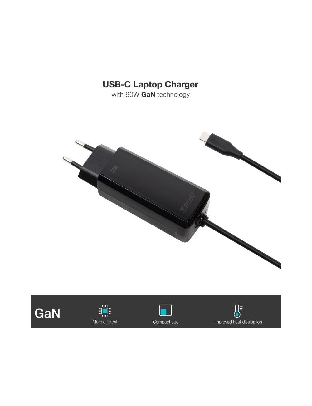 Cargador de Portátil GaN TooQ TQLC-USBCGAN90PD-C/ 1xUSB Tipo-C/ 90W/ Automático/ Voltaje 5-20V