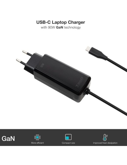 Cargador de Portátil GaN TooQ TQLC-USBCGAN90PD-C/ 1xUSB Tipo-C/ 90W/ Automático/ Voltaje 5-20V