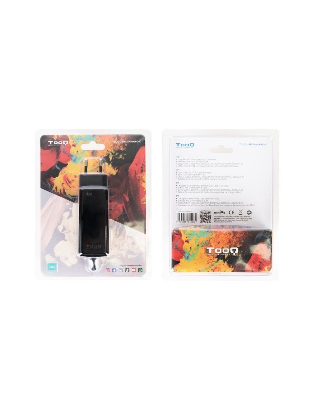 Cargador de Portátil GaN TooQ TQLC-USBCGAN90PD-C/ 1xUSB Tipo-C/ 90W/ Automático/ Voltaje 5-20V