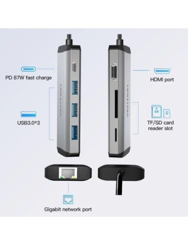 Docking USB Tipo-C Vention CNDHB/ 1xHDMI 4K/ 3xUSB/ 1xUSB Tipo-C PD/ 1xRJ45/ 1xLector tarjetas/ Gris