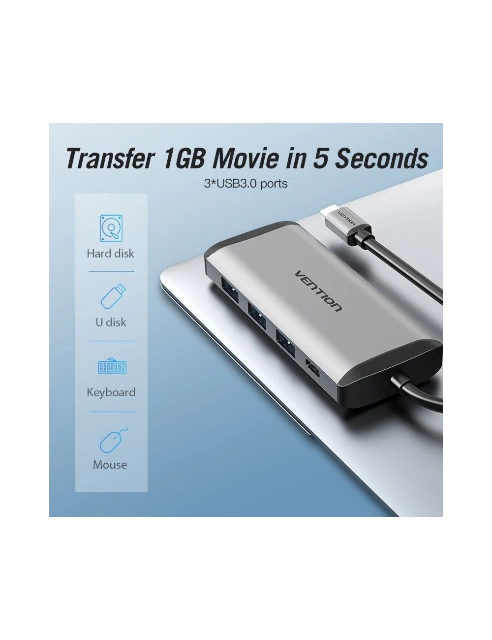 Docking USB Tipo-C Vention CNDHB/ 1xHDMI 4K/ 3xUSB/ 1xUSB Tipo-C PD/ 1xRJ45/ 1xLector tarjetas/ Gris