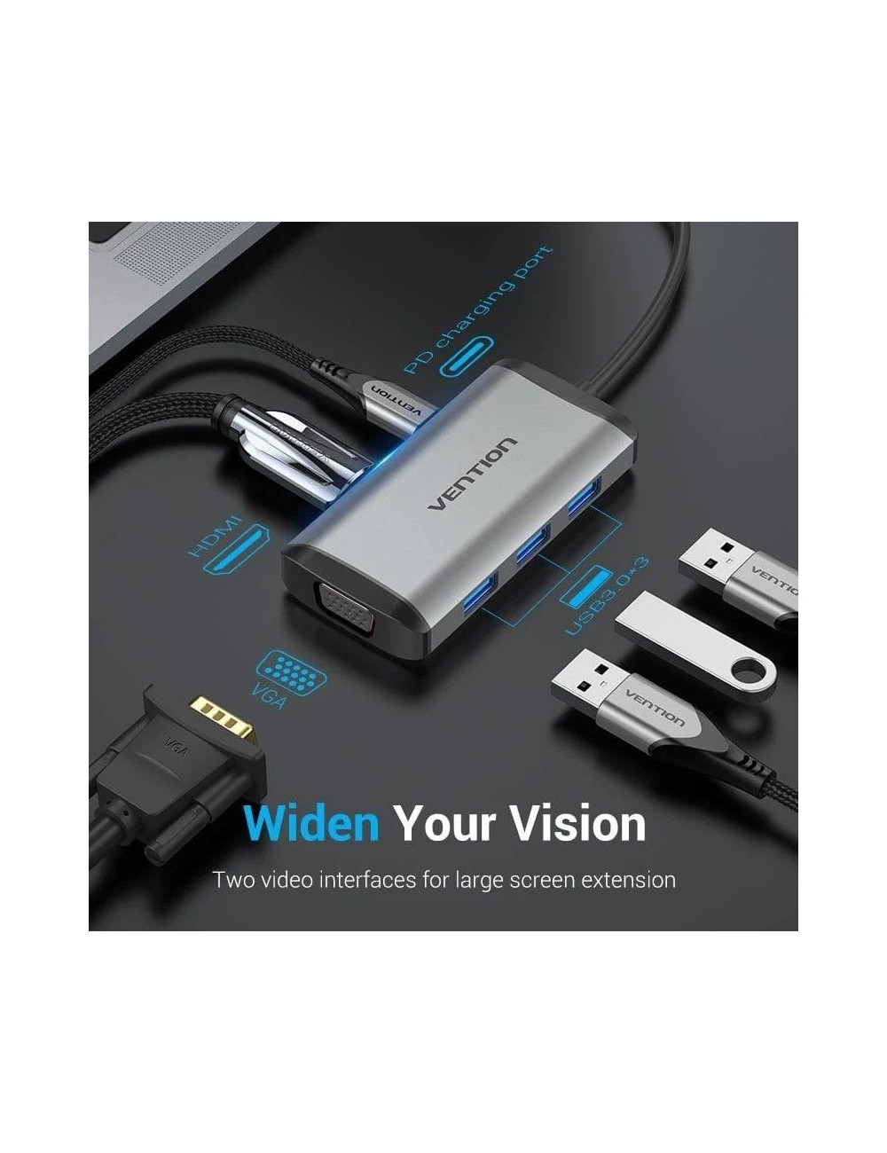 Docking USB Tipo-C Vention TGSHB/ 3xUSB/ 1xHDMI 4K/ 1xVGA/ 1xUSB Tipo-C PD/ Gris
