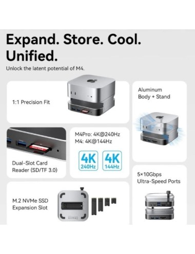 Docking para Mac Mini USB Tipo-C Vention THIHAG/ Ranura SSD M.2/ 4xUSB/ 1xUSB Tipo-C/ 1xDisplayPort 4K/ 1xLector Tarjetas/ 1xJac