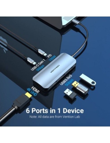 Docking USB Tipo-C Vention TOFHB/ 1xHDMI/ 3xUSB/ 1xUSB Tipo-C/ 1xUSB Tipo-C PD/ Gris