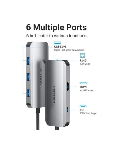 Docking USB Tipo-C Vention TOHHB/ 1xHDMI 4K/ 3xUSB/ 1xRJ45/ 1xUSB Tipo-C PD/ Gris