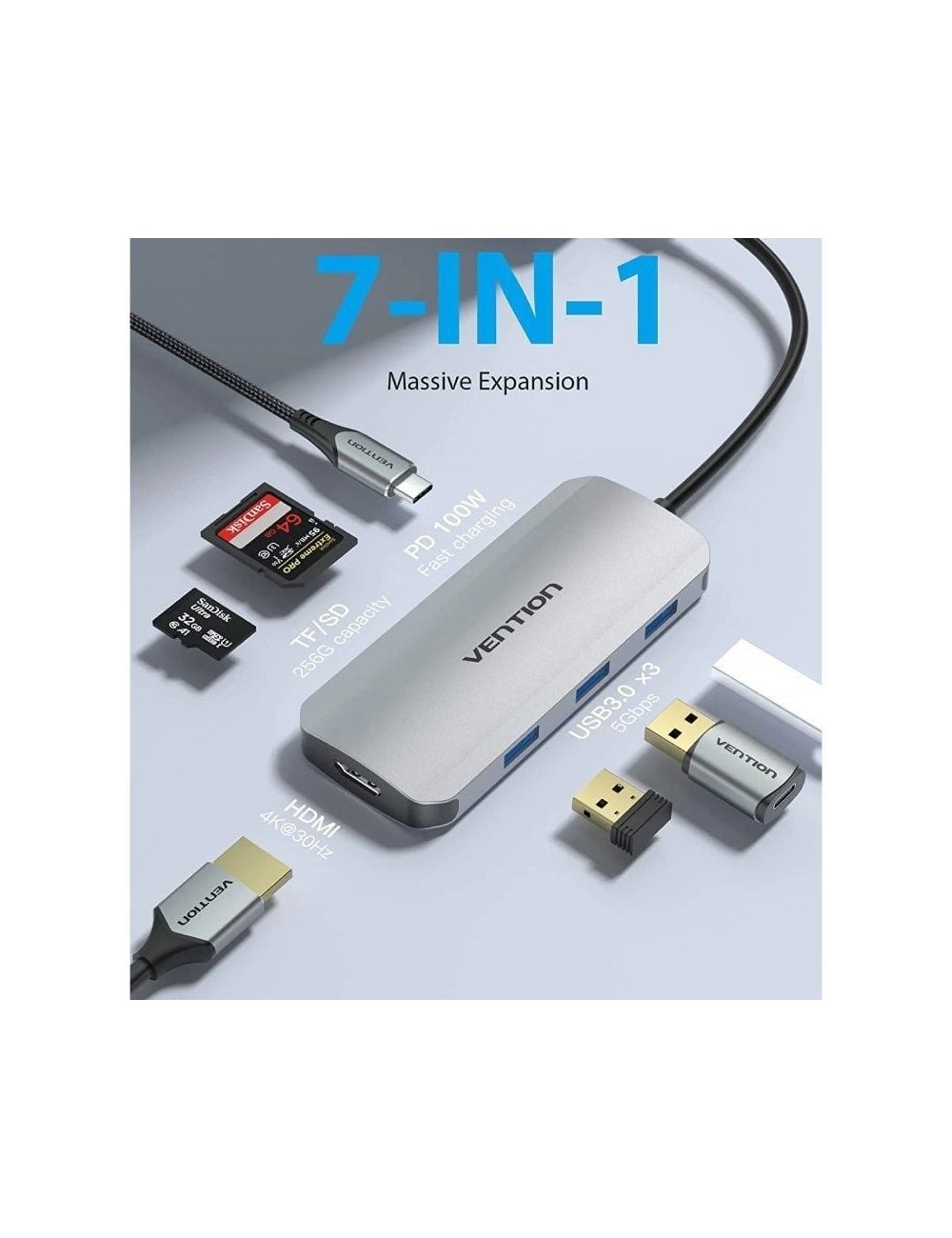 Docking USB Tipo-C Vention TOJHB/ 1xHDMI 4K/ 3xUSB/ 1xUSB Tipo-C/ 1xLector Tarjetas/ Gris