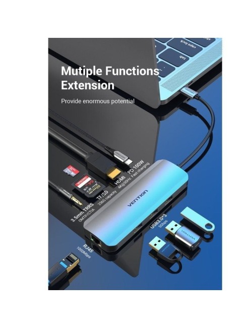 Docking USB Tipo-C Vention TOLHB/ 1xHDMI 4K/ 3xUSB/ 1xUSB Tipo-C PD/ 1xRJ45/ 1xLector Tarjetas SD/ 1x MicroSD/ Jack 3.5/ Gris