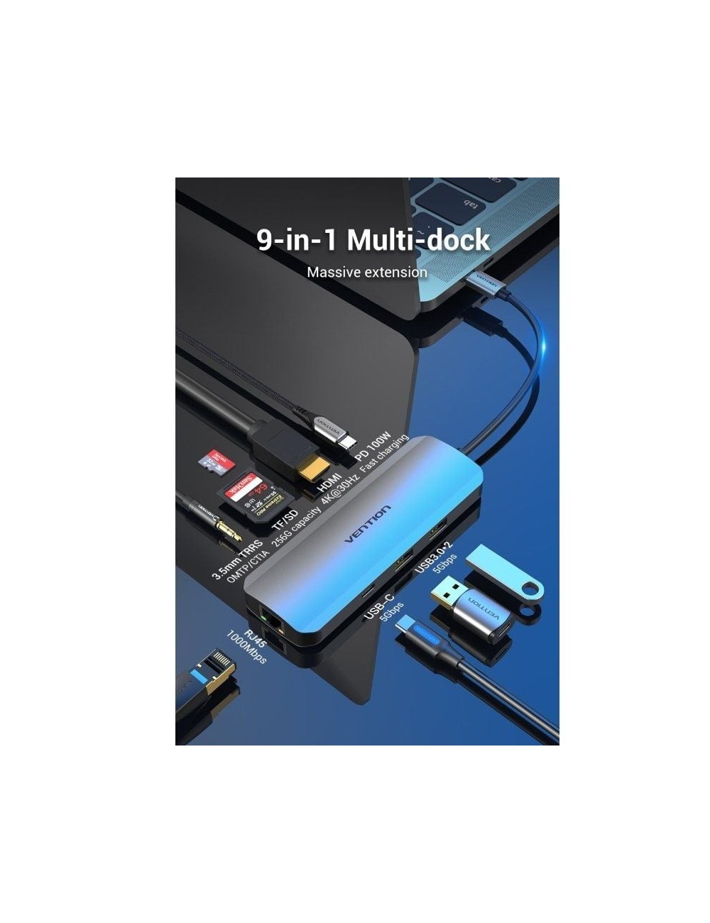 Docking USB Tipo-C Vention TOMHB/ 1xHDMI 4K/ 2xUSB/ 1xUSB Tipo-C/ 1xUSB Tipo-C PD/ 1xRJ45/ 1xLector Tarjetas SD y MicroSD/ Jack 