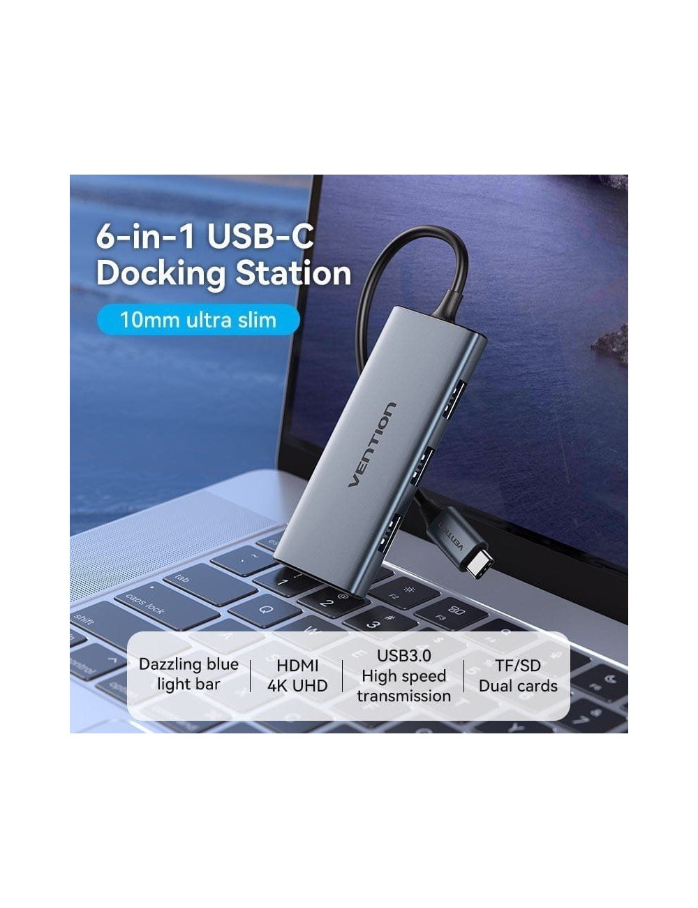 Docking USB Tipo-C Vention TOOHB/ 1xHDMI 4K/ 3xUSB/ 1xLector Tarjetas/ Gris