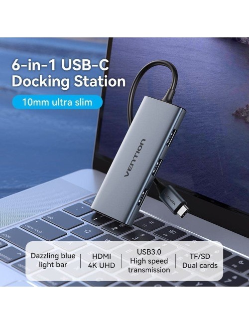Docking USB Tipo-C Vention TOOHB/ 1xHDMI 4K/ 3xUSB/ 1xLector Tarjetas/ Gris