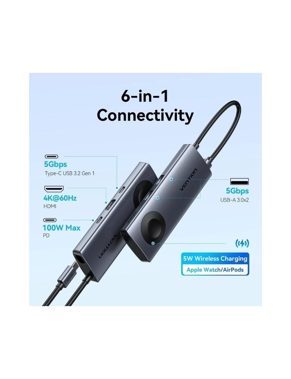 Docking USB Tipo-C con Carga Inalámbrica Vention TPMHB/ 1xHDMI 4K/ 2xUSB/ 1xUSB Tipo-C/ 1xUSB Tipo-C PD/ Gris