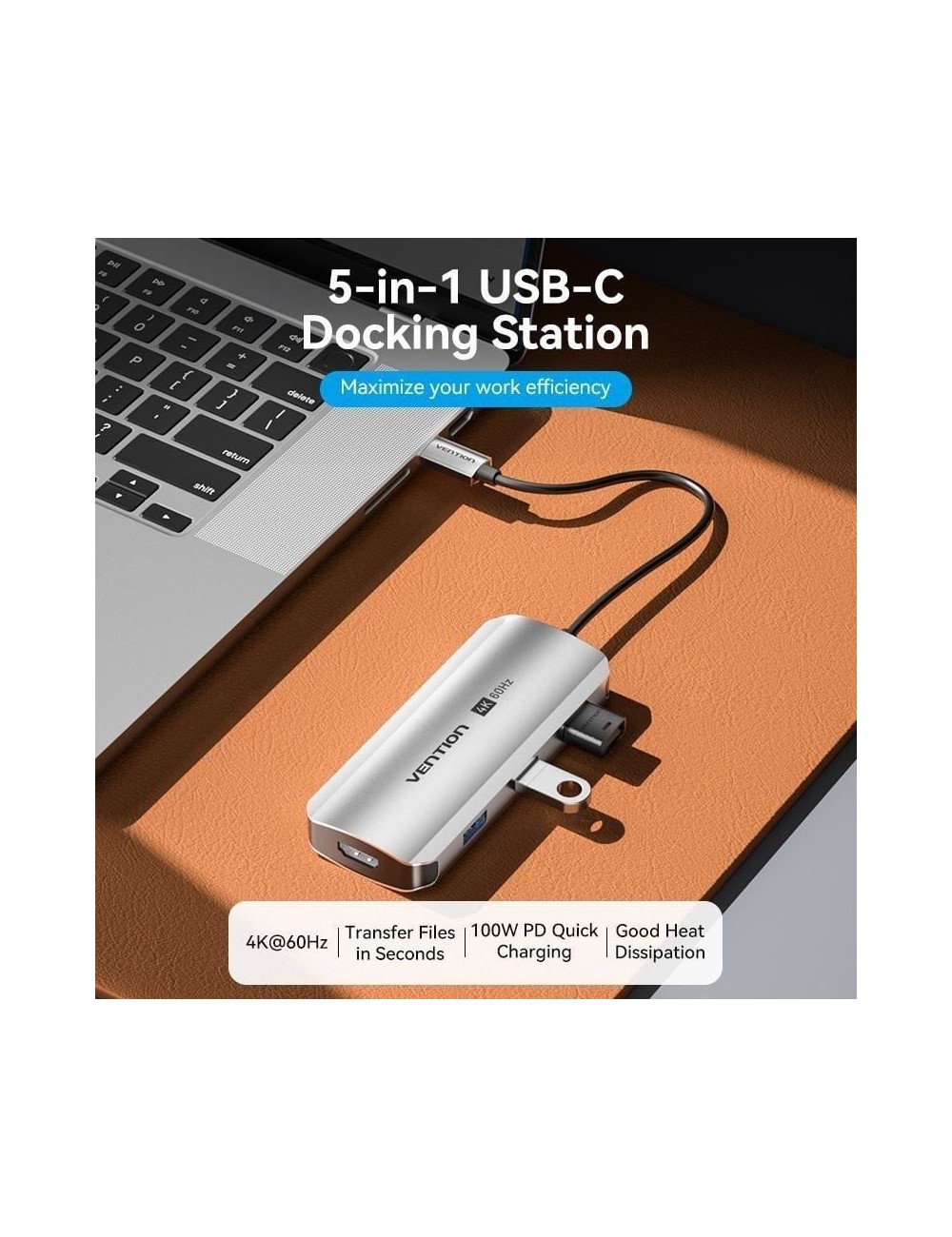 Docking USB Tipo-C Vention TQDHB/ 1xHDMI 4K/ 3xUSB/ 1xUSB Tipo-C PD/ Gris