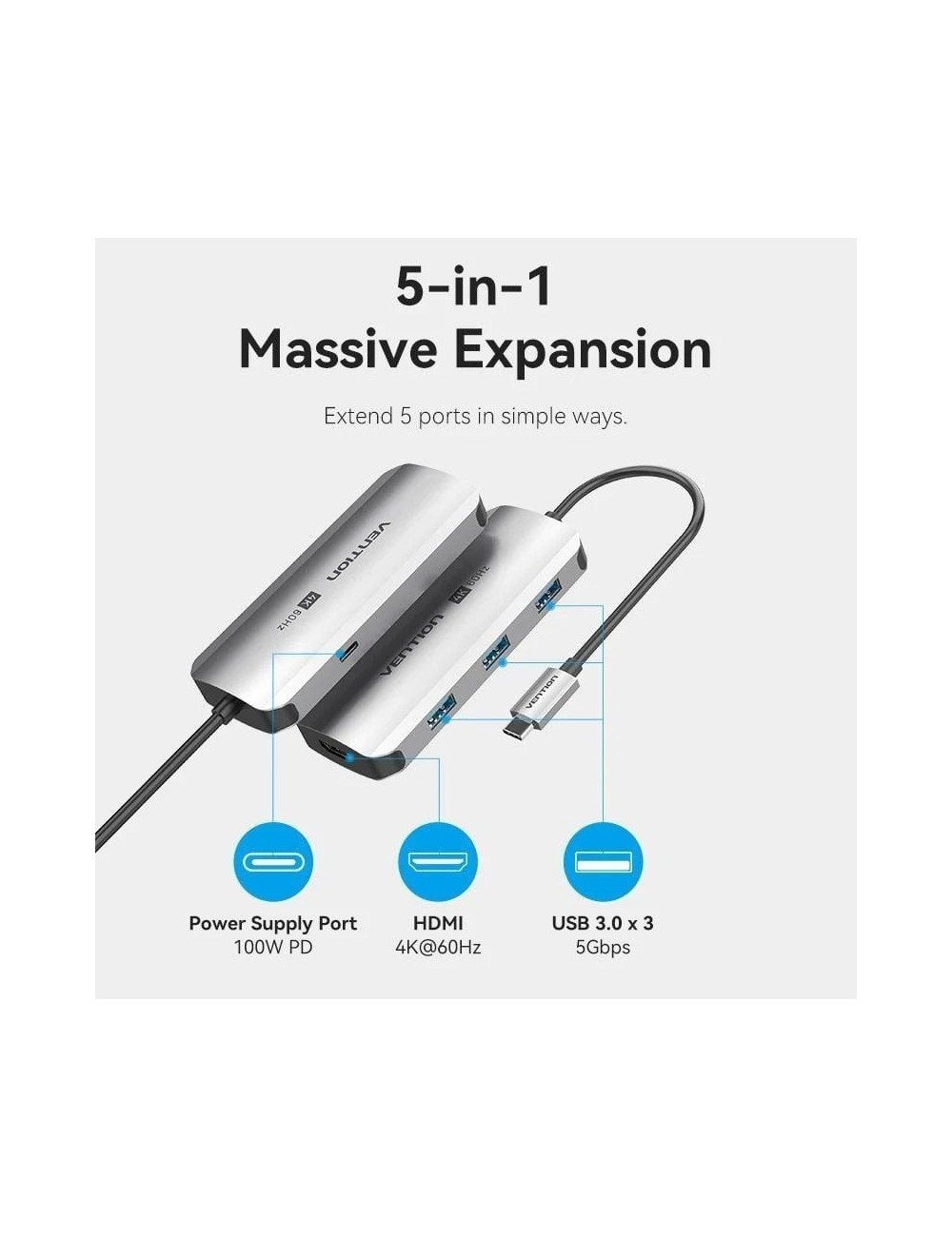 Docking USB Tipo-C Vention TQDHB/ 1xHDMI 4K/ 3xUSB/ 1xUSB Tipo-C PD/ Gris